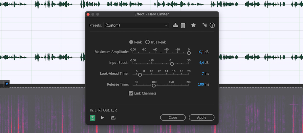 How to create preset in Adobe Audition: Hard Limiter